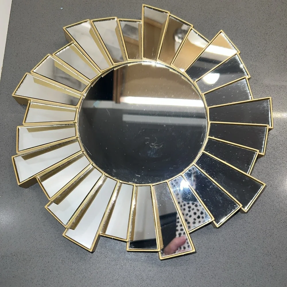Three Gold Style Plastic Sunburst Wall Hanging Accent Mirrors.